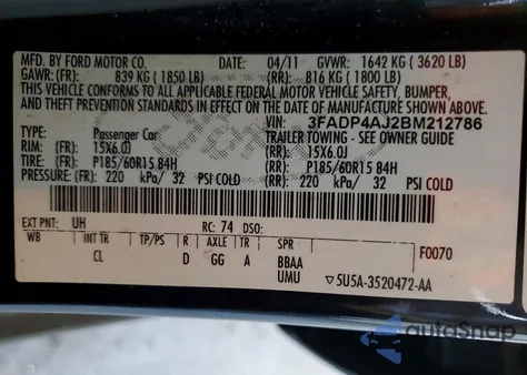 2011 Ford Fiesta S z USA, uszkodzony, nr VIN 3FADP4AJ2BM212786